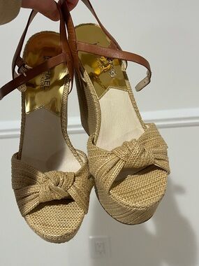 Michael Kors Tan Braided Espadrille Wedge Sandals with Brown Ankle Strap